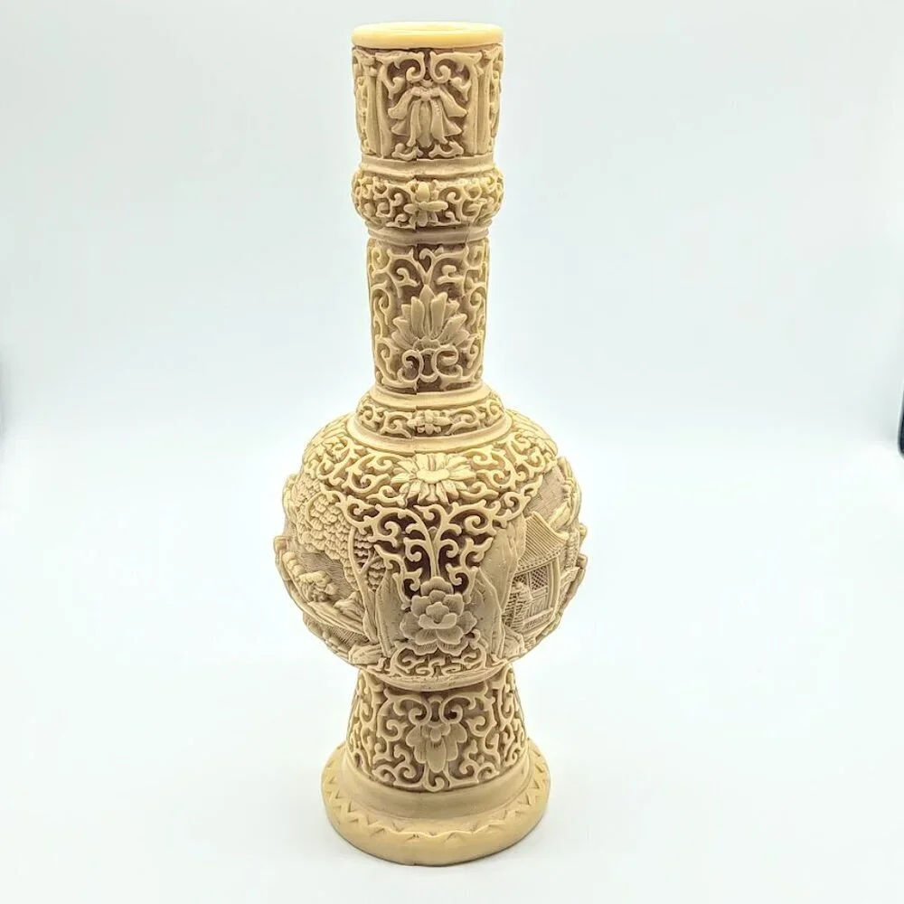 Chinese Carved White Cinnabar Tapered Candle Holder Vase